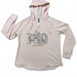 Soft pink and white graphic fleece hoodie with "What's One More Dog?" design.